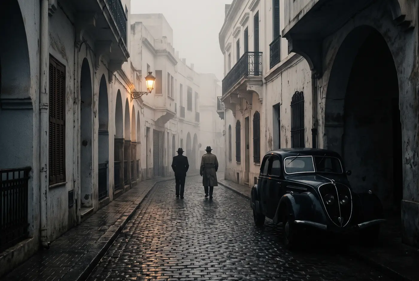 Foggy street of 1930s colonial Casablanca with a vintage car, the world of the novel Shadows of Bousbir