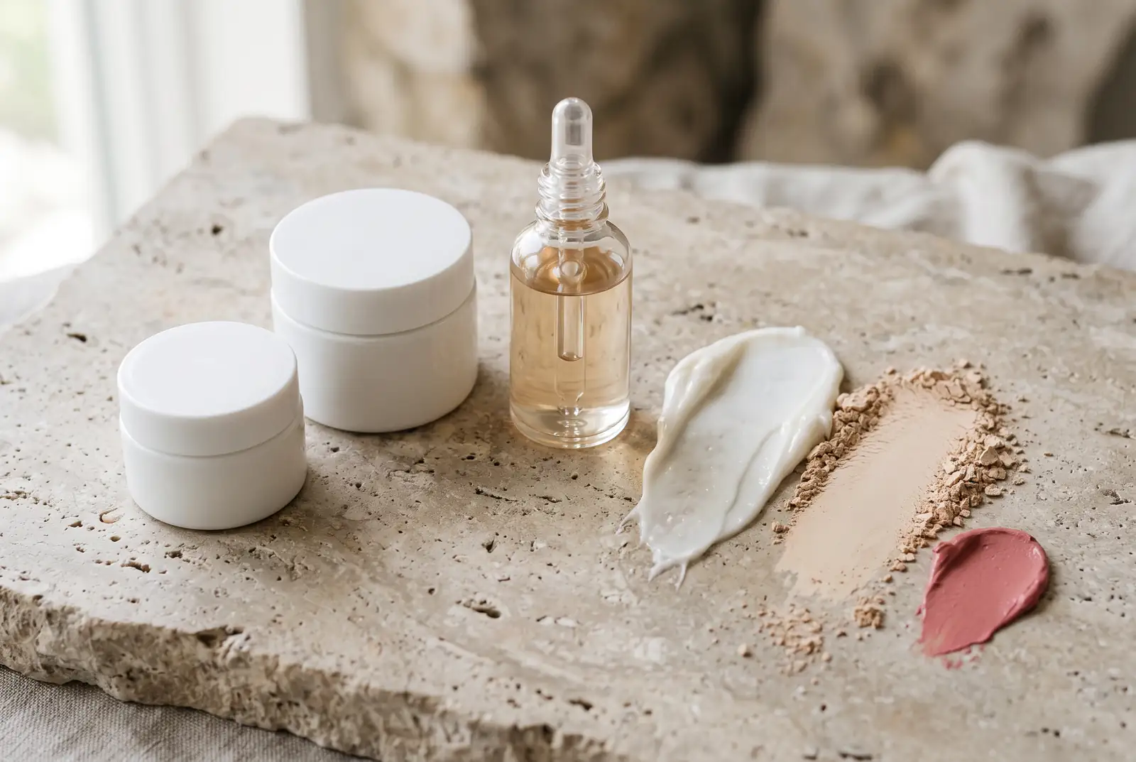 Cosmetics 1 Cosmetics product photography: unbranded jars, dropper bottle and texture swatches on stone
