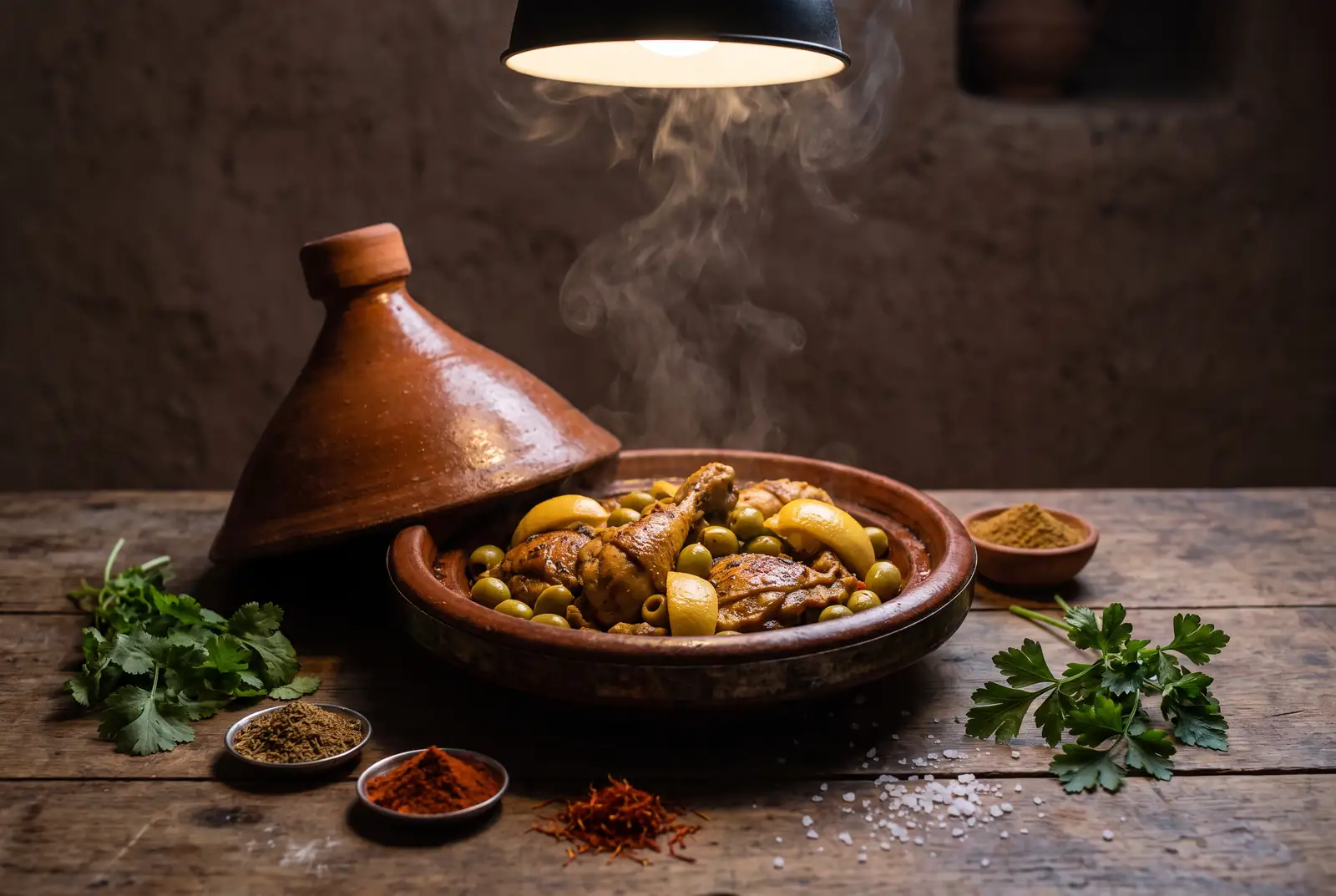 Culinary 1 Steaming Moroccan chicken tagine with olives and preserved lemons, culinary photography in Casablanca